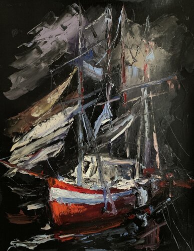 BOAT ON BLACK. ORIGINAL IMPASTO, PALETTE KNIFE OIL PAINTING. von Vita Schagen, Malerei kaufen auf Singulart