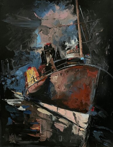 BOAT ON BLACK. ORIGINAL IMPASTO, PALETTE KNIFE OIL PAINTING. di Vita Schagen, Pittura in vendita su Singulart