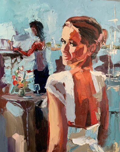 Pretty woman in a white dress. di Vita Schagen, Pittura in vendita su Singulart