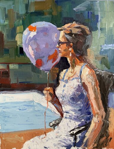 Woman with a violet air balloqn by the pool. von Vita Schagen, Malerei kaufen auf Singulart