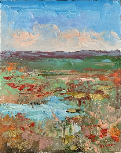 Blooming meadow with red flowers. par Vita Schagen, Peinture en vente sur Singulart