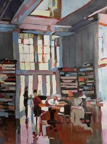 Public library, interior with books. Oil painting. par Vita Schagen, Peinture en vente sur Singulart