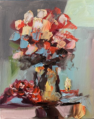 Bouquet of flowers and candle. still life. par Vita Schagen, Peinture en vente sur Singulart