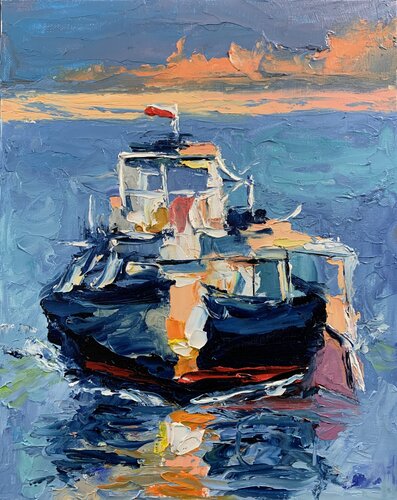 Seascape with a boat. Yacht. by Vita Schagen, 絵画 for Sale on Singulart