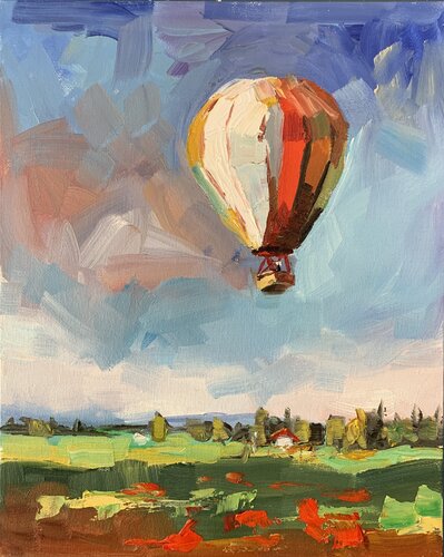 Landscape with an air balloon. par Vita Schagen, Peinture en vente sur Singulart