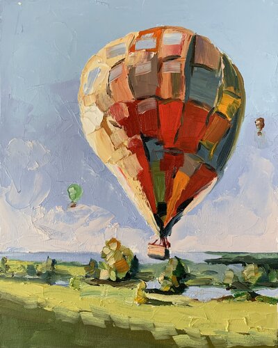 Landscape with an air balloon. par Vita Schagen, Peinture en vente sur Singulart