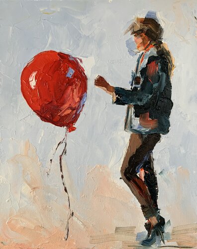 Woman with a red air balloon. von Vita Schagen, Malerei kaufen auf Singulart