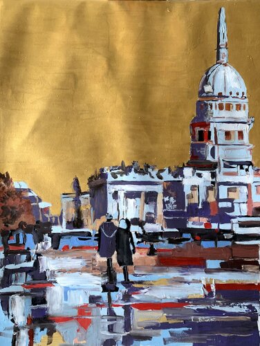 Golden sky over London.Trafalgar Square.#3. Original impasto cityscape oil painting. by Vita Schagen, Painting for Sale on Singulart