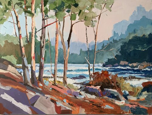 Trees on the coast. Landscape. van Vita Schagen, Schilderij te koop op Singulart