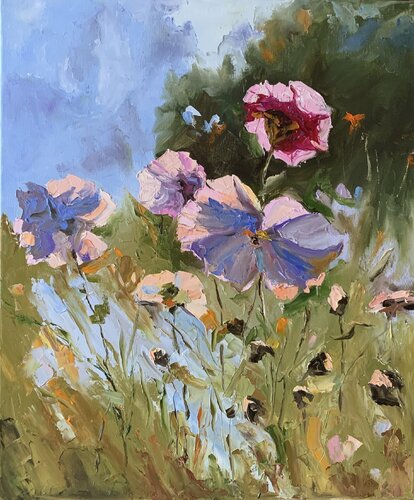 Pink poppies in a woods. Tender flowers, landscape. von Vita Schagen, Malerei kaufen auf Singulart