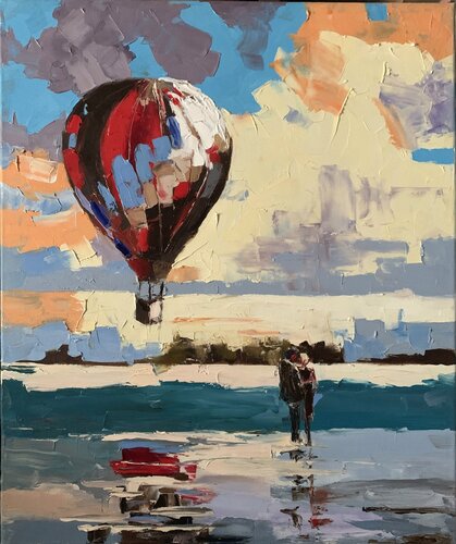 Landscape with an air balloon. Sunset. van Vita Schagen, Schilderij te koop op Singulart