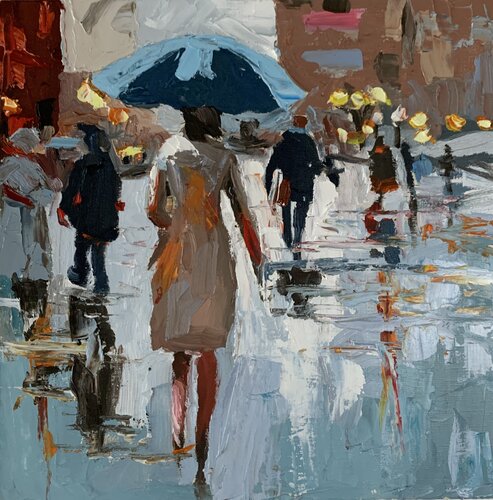 Rainy city. Woman with umbrella. Cityscape. par Vita Schagen, Peinture en vente sur Singulart