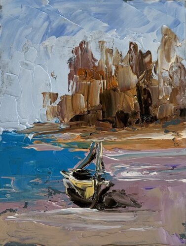 Landscape with an old yacht by the lake. par Vita Schagen, Peinture en vente sur Singulart