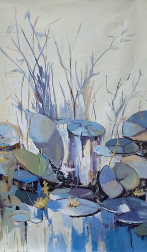 Pond with water lilies, landscape. by Vita Schagen, Painting for Sale on Singulart