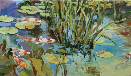 Sunlight Sonata. Water lilies pond with koi fish. van Vita Schagen, Schilderij te koop op Singulart