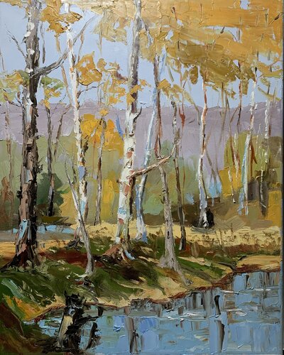 A Bend in the Birch Forest. par Vita Schagen, Peinture en vente sur Singulart