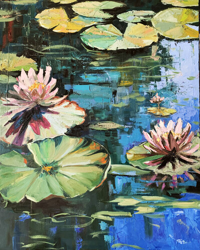 Pond with water lilies, landscape. von Vita Schagen, Malerei kaufen auf Singulart