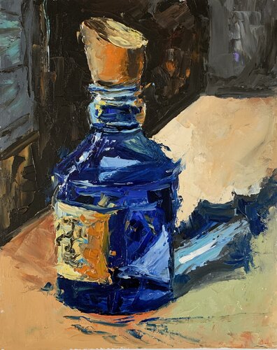 Mystery blue bottle. still life. par Vita Schagen, Peinture en vente sur Singulart