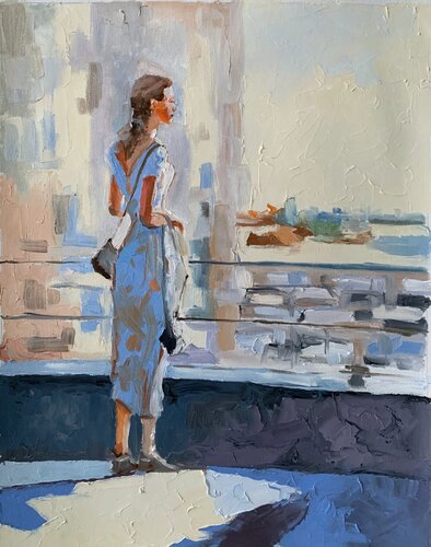A woman in the city at sunset. di Vita Schagen, Pittura in vendita su Singulart