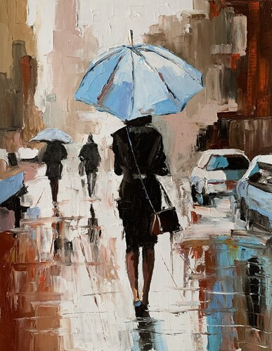 Woman with umbrella in a rainy city. von Vita Schagen, Malerei kaufen auf Singulart