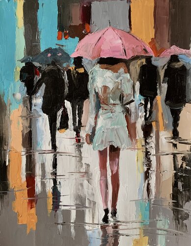 Woman with umbrella in a rainy city. par Vita Schagen, Peinture en vente sur Singulart