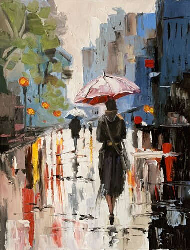 Woman with umbrella in a rainy city. New York. par Vita Schagen, Peinture en vente sur Singulart