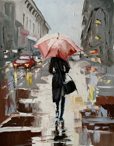 Woman with umbrella in a rainy city. di Vita Schagen, Pittura in vendita su Singulart