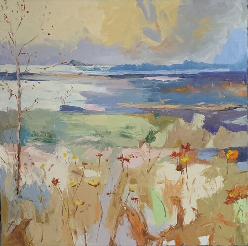 Warm summer light, semi-abstract landscape. di Vita Schagen, Pittura in vendita su Singulart