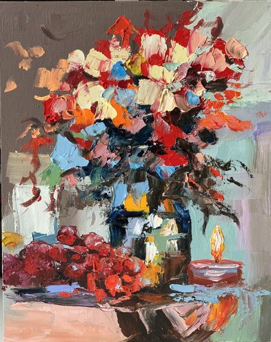 Bouquet of flowers and candle. still life. by Vita Schagen, Painting for Sale on Singulart