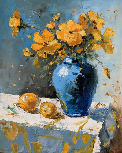 Yellow wild flowers in a blue vase. par Vita Schagen, Peinture en vente sur Singulart