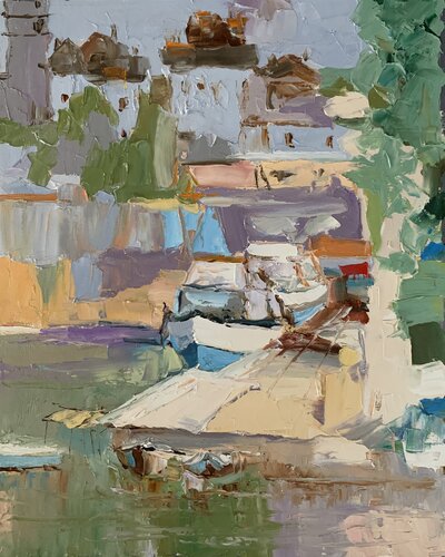 Small town by the lake with sailing boats. Italy. van Vita Schagen, Schilderij te koop op Singulart