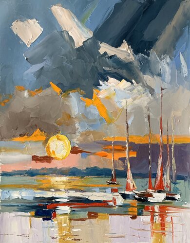 Sailing boats, yachts in the ocean. Sunset seascape. par Vita Schagen, Peinture en vente sur Singulart