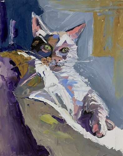 Blue white cat on the couch. von Vita Schagen, Malerei kaufen auf Singulart