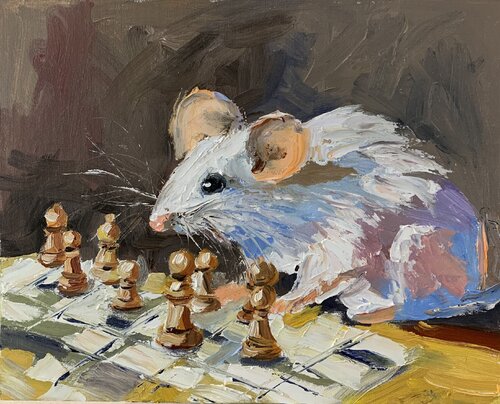 A Mouse's Gambit. Mouse on a Chess Mission. par Vita Schagen, Peinture en vente sur Singulart