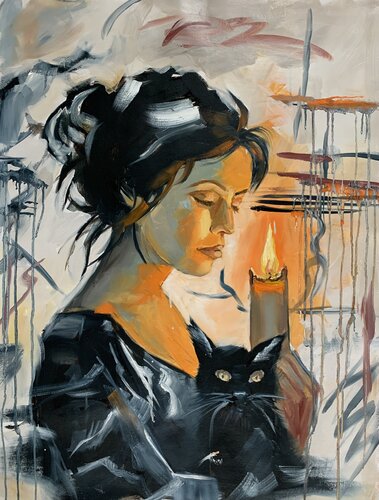 Woman with black cat. von Vita Schagen, Malerei kaufen auf Singulart