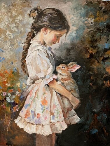 Painting of an Adorable Young Girl with a Bunny. by Vita Schagen, Painting for Sale on Singulart