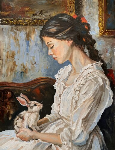 Young woman with a Bunny. de Vita Schagen, Pintura a la venta en Singulart