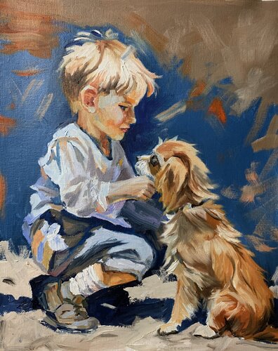 Boy with a dog. von Vita Schagen, Malerei kaufen auf Singulart