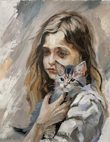 Unbrecable bond. Little girl with Maine Coon kitten. van Vita Schagen, Schilderij te koop op Singulart