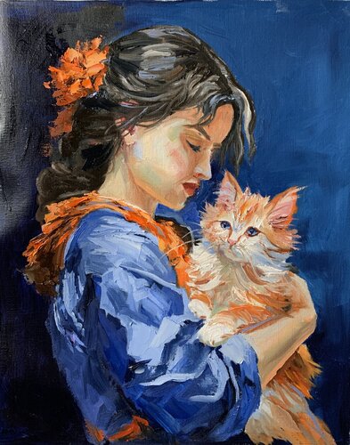 Girl in blue dress with orange cat. par Vita Schagen, Peinture en vente sur Singulart