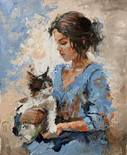 Girl in a blue dress with a cat. by Vita Schagen, 회화 for Sale on Singulart