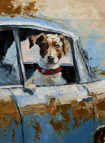 Jack Russell Terrier. Dog is ready to travel. par Vita Schagen, Peinture en vente sur Singulart