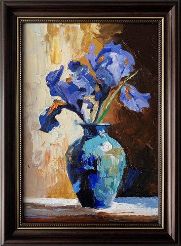 Blue irises in a vase. Fr. by Vita Schagen, Painting for Sale on Singulart