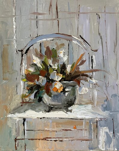 Flowers and plants in a silver pot. par Vita Schagen, Peinture en vente sur Singulart