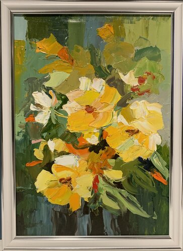 Sparkling yellow flowers. van Vita Schagen, Schilderij te koop op Singulart