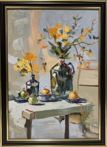 Yellow flowers in a black vase. by Vita Schagen, 絵画 for Sale on Singulart