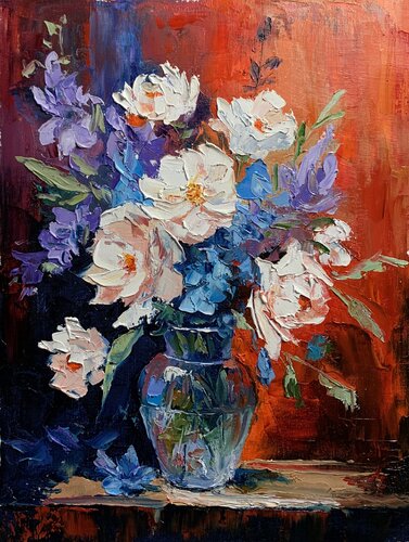 Bouquet of White flowers in a blue vase on red. Still life. von Vita Schagen, Malerei kaufen auf Singulart