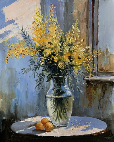 Bouquet of mimosa in a transparent vase by the window. van Vita Schagen, Schilderij te koop op Singulart