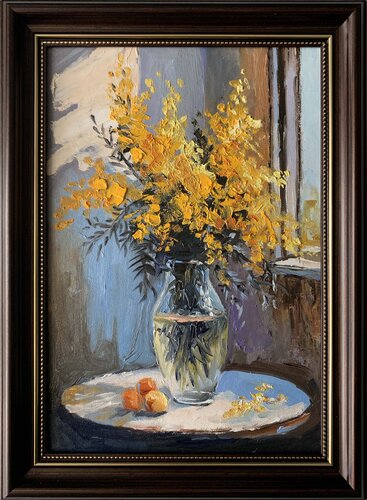 Bouquet of mimosa in a transparent vase by the window. FR. par Vita Schagen, Peinture en vente sur Singulart