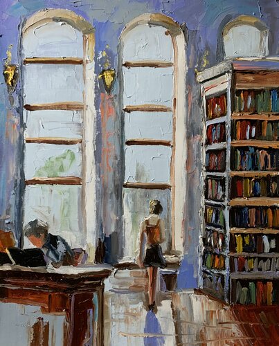 Public library, interior with books. Oil painting. par Vita Schagen, Peinture en vente sur Singulart